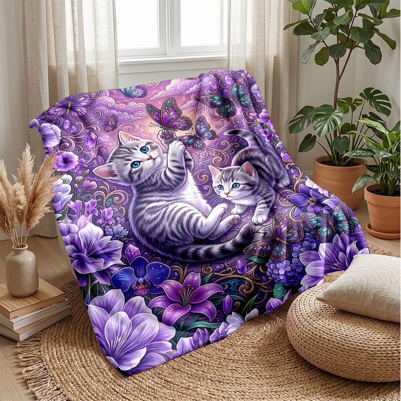 Butterflies and Kittens Garden blanket Personalized Name Flannel Blanket Soft Cozy Plush Throw for Sofa Bed Lightweight Home Decor