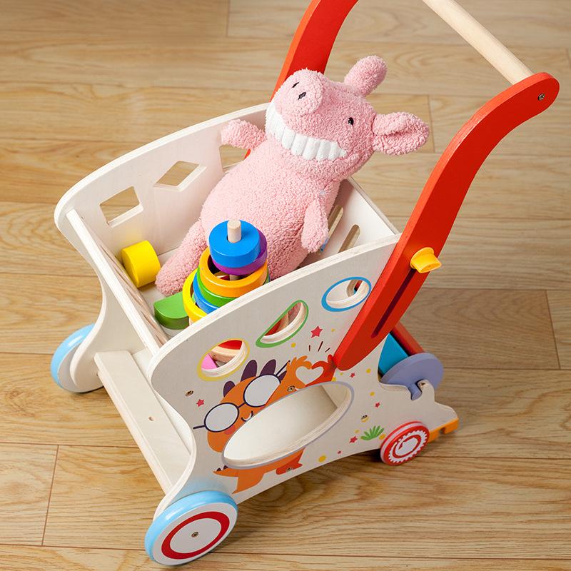 Multifunctional Wooden Baby Push Walker with Tool Basket and Anti-Bowlegs Design