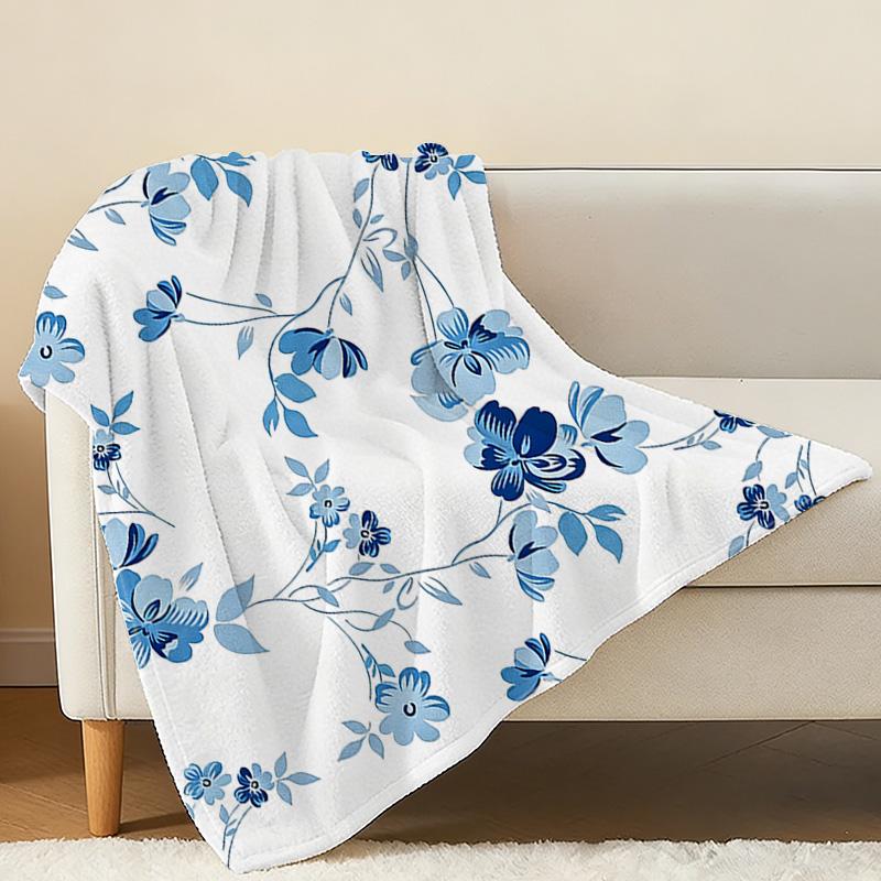 Lightweight Flannel Blanket Soft, Warm with Blue Flower Pattern, Portable for Home & Car Use, Ideal for Halloween & Christmas Relaxation