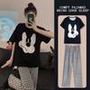 Trendy Versatile Black Plaid Mickey Pajamas for Women, Summer Crew Neck Short-sleeve Set, Loose Thin Cotton Loungewear, Suitable for Outdoor Wear