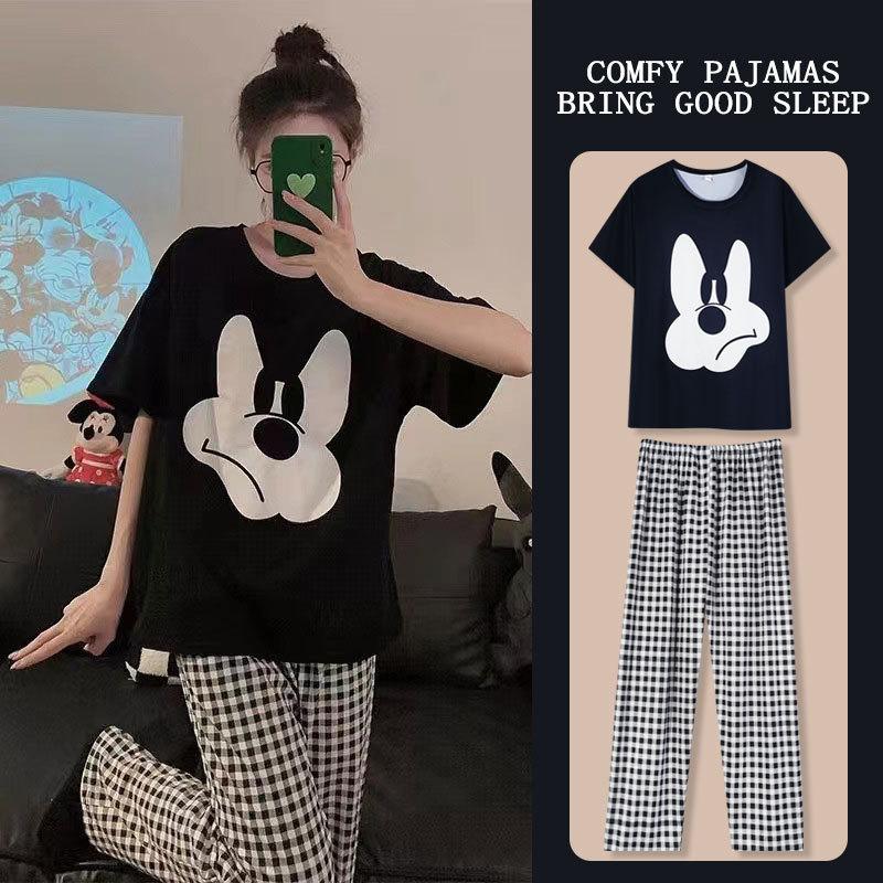 Trendy Versatile Black Plaid Mickey Pajamas for Women, Summer Crew Neck Short-sleeve Set, Loose Thin Cotton Loungewear, Suitable for Outdoor Wear