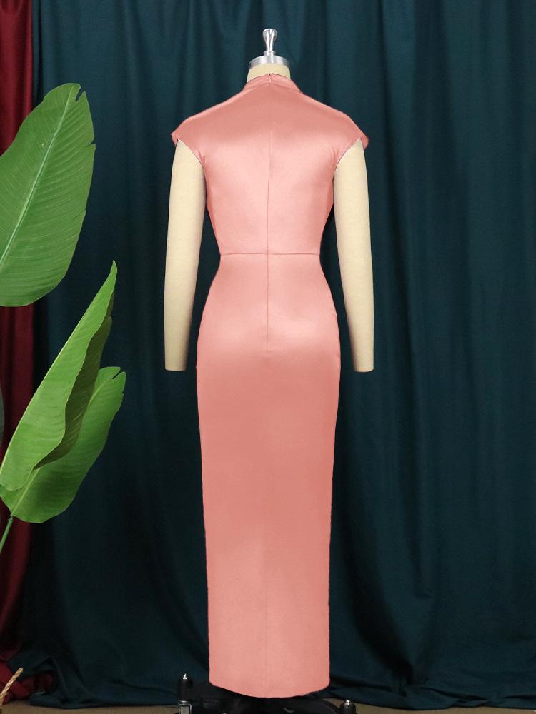 AM211217 High Waist Red Midi Evening Dress - Solid Color, Elegant Style