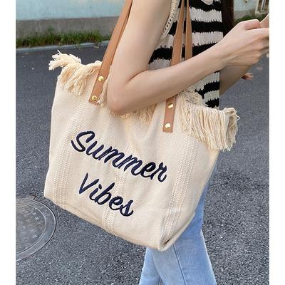 Tassel Alphabet Canvas Bag Women'S Large Capacity Simple Commuter Student Shoulder Tote Bag