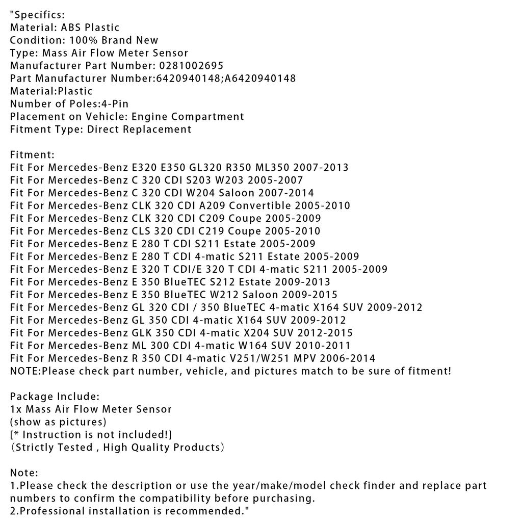 Mass Air Flow Meter Sensor For Mercedes E350 ML350 E320 R320 0281002695