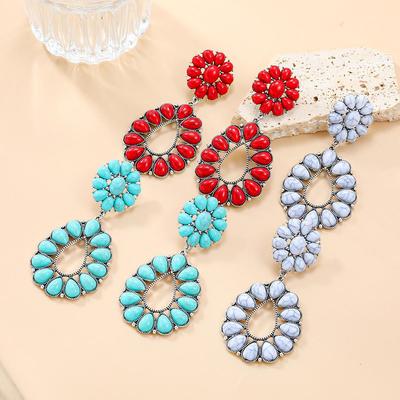 European & American Teardrop Floral Earrings: Women's Bohemian Alloy with Imitation Turquoise