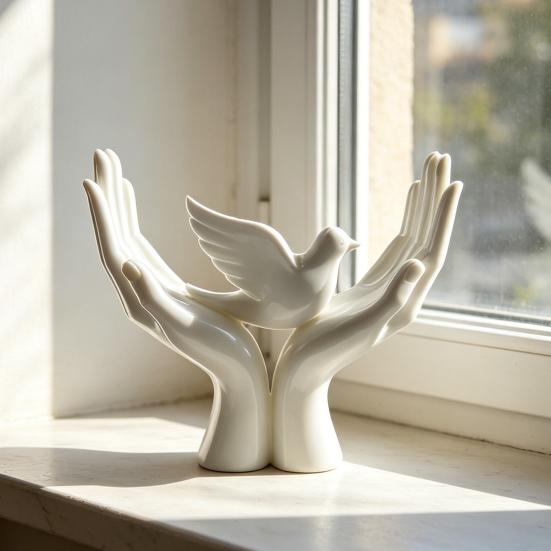 Figurina Piccione Bianco della Pace Mani che Tengono Statua di Piccione Ornamento da Tavolo Stampato 3D