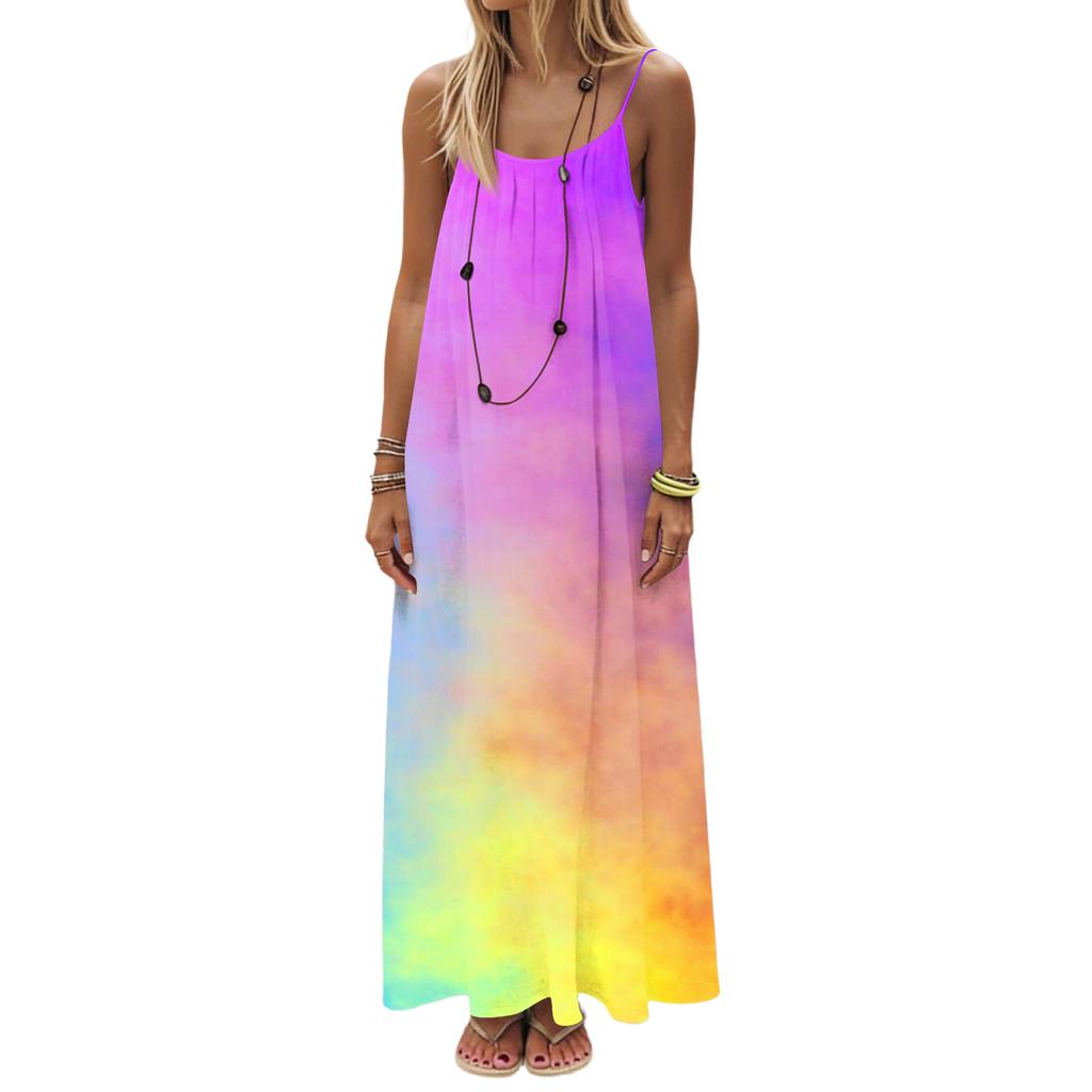 Dámské Módní Ležérní Volné Šaty s Květinovým Potiskem a Úzkými Ramínky Bez Zad