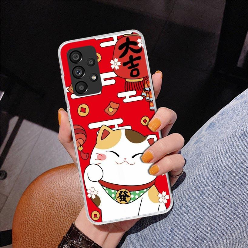 Lucky Cat Maneki Neko Japanese Phnoe Case for Samsung Galaxy A17 A37 A57 A16 A26 A36 A56 A15 A14 A13 A55 A54 A53 A35 A34 A33 A25