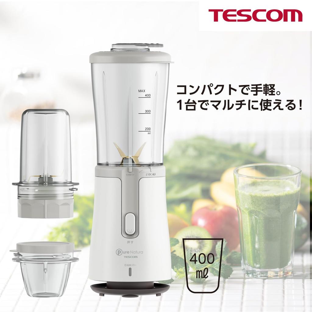 TESCOM Food Mill Mixer Dry Compatible Wave Blade Titanium Cutter Center Cap Tea Cup Recipe Book Included White <Wet & Mill> TML20B-W