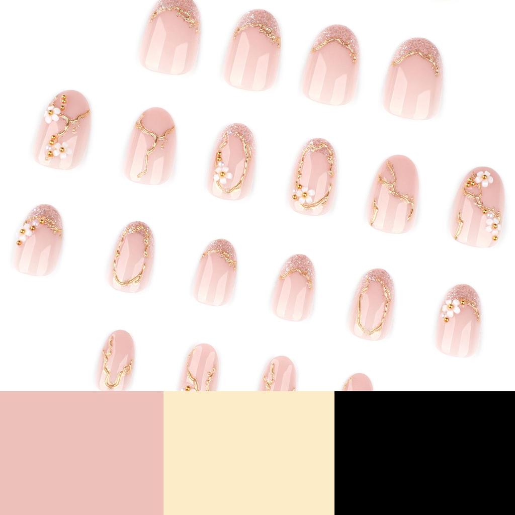 Simple Fresh Flower 3D Wearable Nail Tips - Short Round Fake Nails