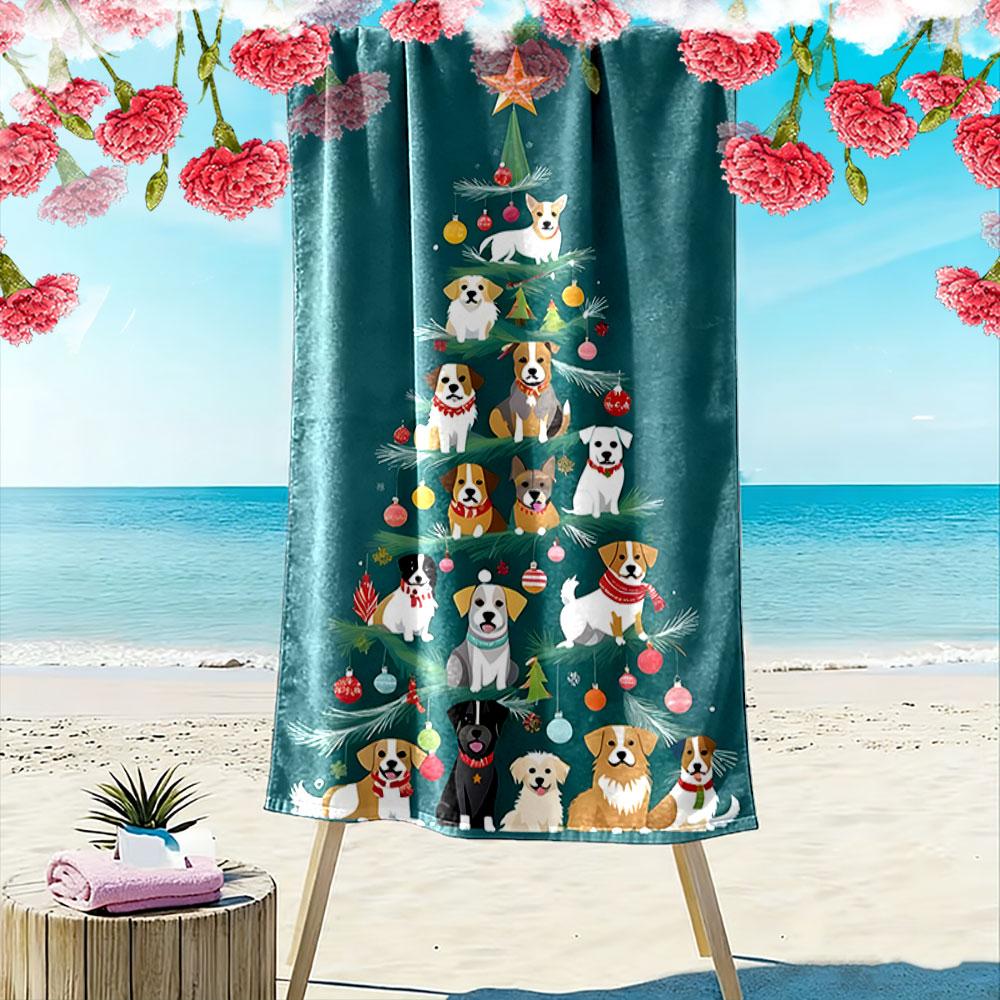 Festive Canine Tree Delight Print Beach Towel, Quick Drying, Suitable for Travel, Outdoor Sports, Jogging, the Beach and Swimming, Gift
