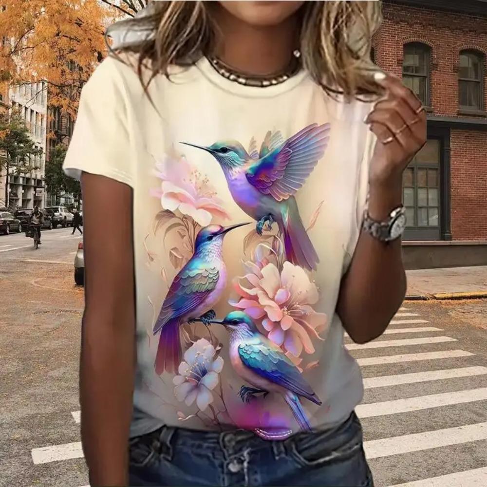 Summer Women's T-shirt Bird Print Casual Short Sleeved 3D T-shirt Fashionable Street Wear Round Neck Pullover for Women's Oversized Clothing