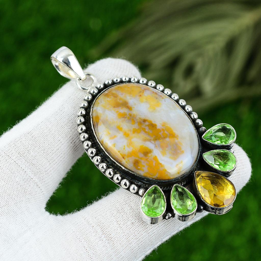 Natural Polka Dot Agate Gemstone Pendant Yellow 925 Sterling Silver Jewelry