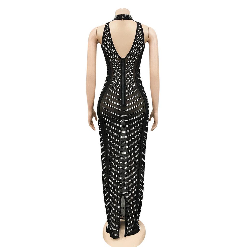 European Fashion Sexy Rhinestone Backless Nightclub Party Dress - See-through Long Dress for Women