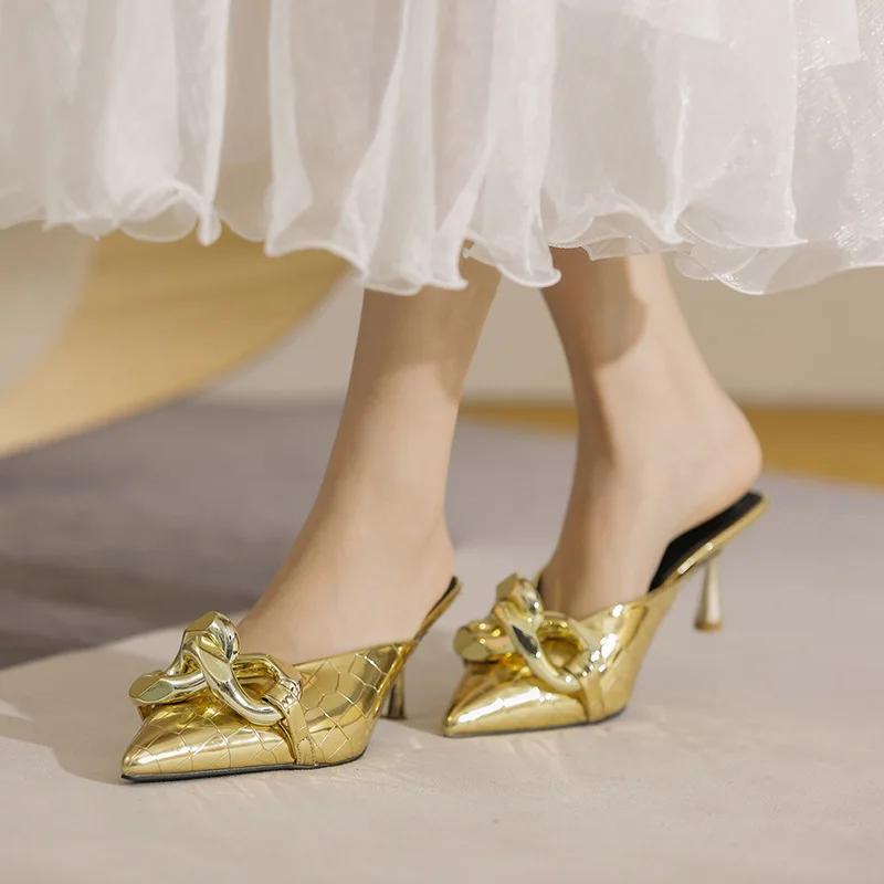 Fashion Baotou Half Slippers Women's Summer New Pointed Toe Fashion Half Support Women's Shoes Soft Pu Leather Thin Heel Slippers Mules
