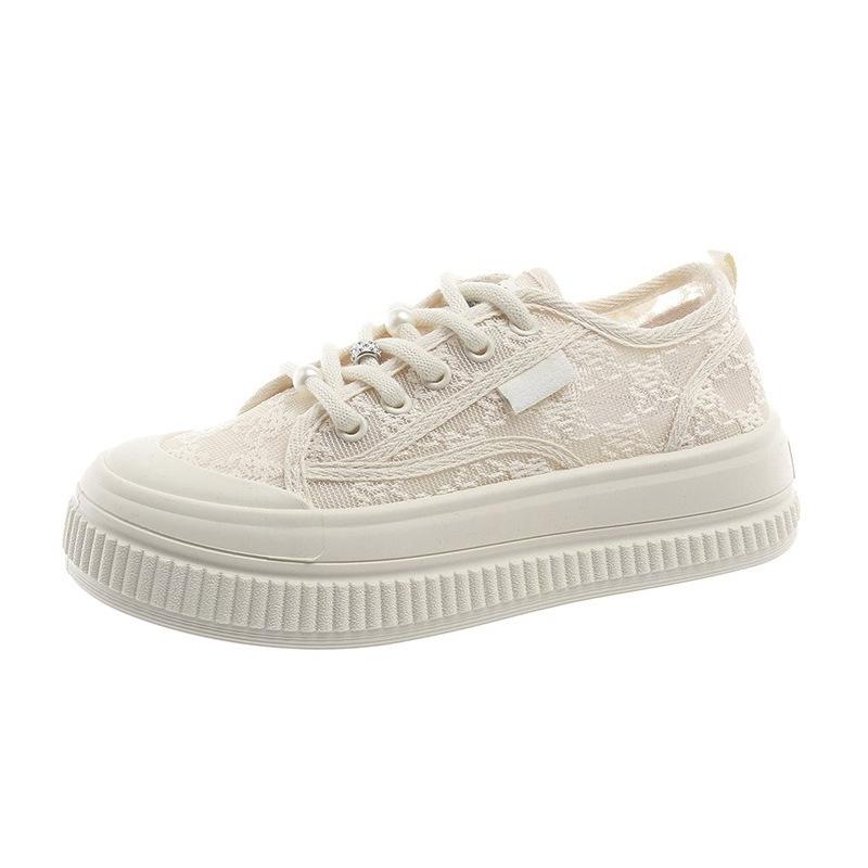 Canvas Shoes for Women 2025 Summer New Style Lace Mesh Breathable White Sneakers Thick-soled Casual Board Shoes for Women