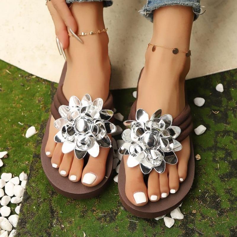 Modische Damen-Keilabsatz-Pantoletten mit dicker Sohle, modische Blumendekoration, bequeme Hausschuhe, lässige, leichte Strand-Flip-Flops