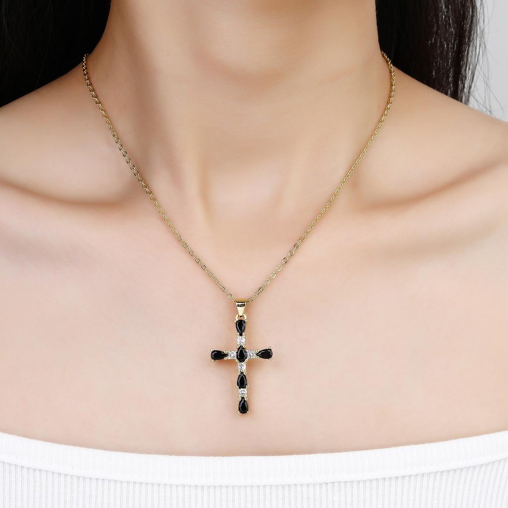 Shiny Rhinestones Cross Necklace Colorful Cubic Zirconia Pendant Christian Religious Jewelry for Women Fashion Choker Gift