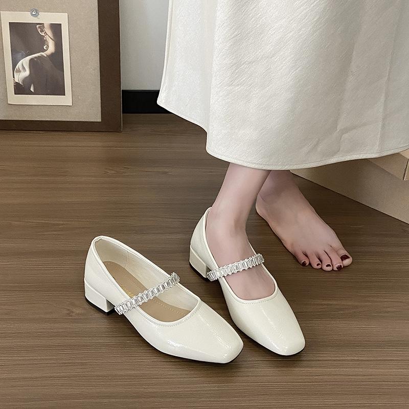 French elegance temperament rhinestone square head single shoes women's 2025 autumn new fairy style with skirt thick heel Mary Jane shoes