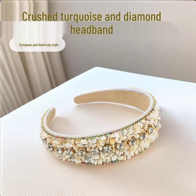 European & American Style Crushed Turquoise Rhinestone Wide Band Headband – High-End Versatile Women's Hair Accessories for Autumn & Winter