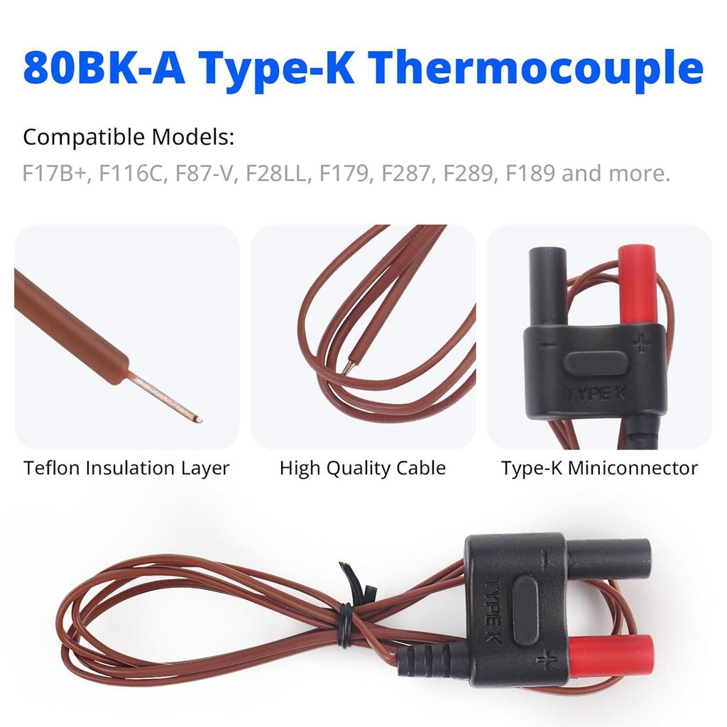 80BK-A Type-K Thermocouple Replacement for Fluke Multimeter, Temperature Probes Cable