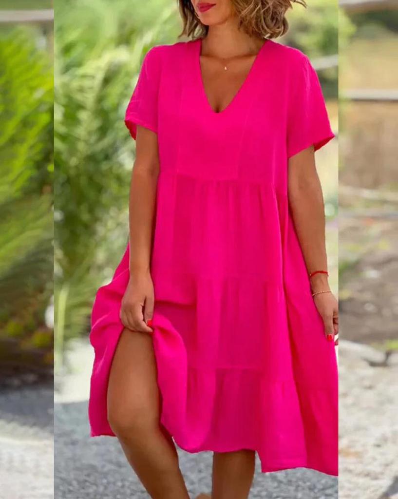 Summer V-Neck Solid Color Swing Dress for Women