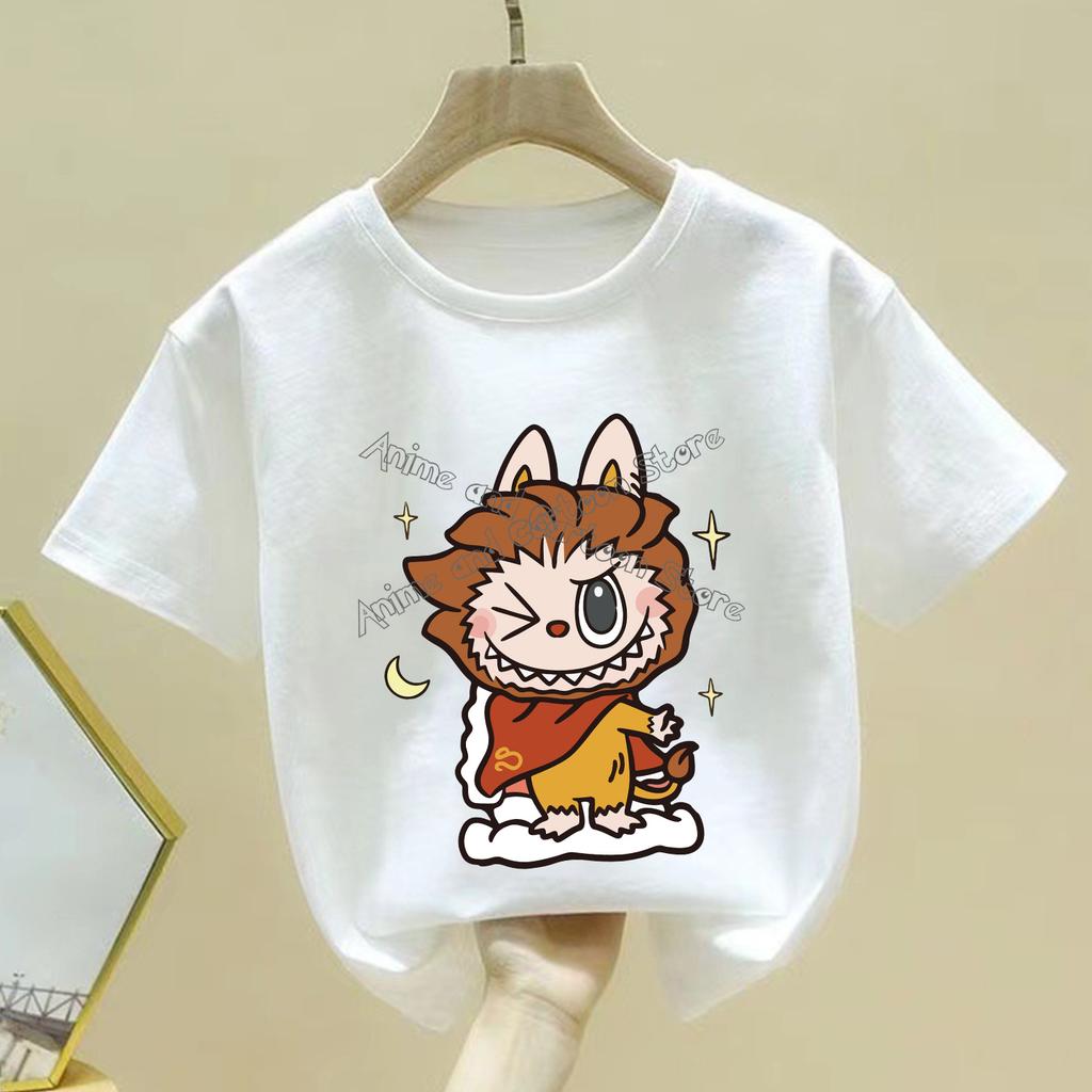 Fashion Labubu White Children's T-shirt Cute Cartoon Girl Round Neck Short Sleeved Clothes New Comfortable Loose Children's Top