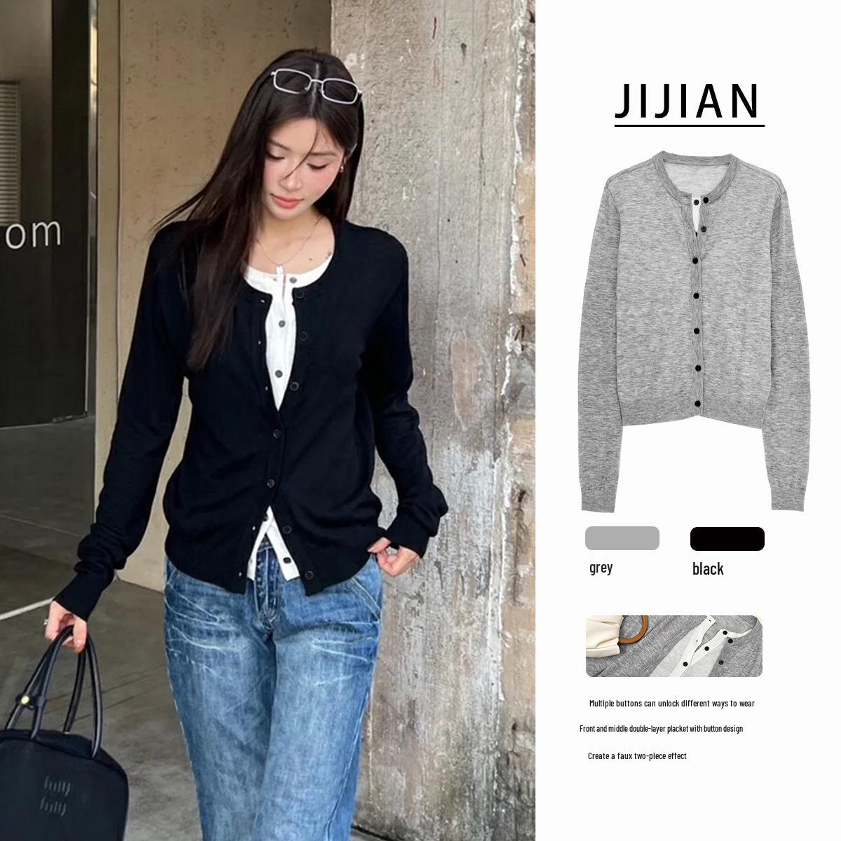 

2024 Early Autumn Cloud Wool Horn Button Two-Piece Layered Style Cardigan Extra Small сірий колір