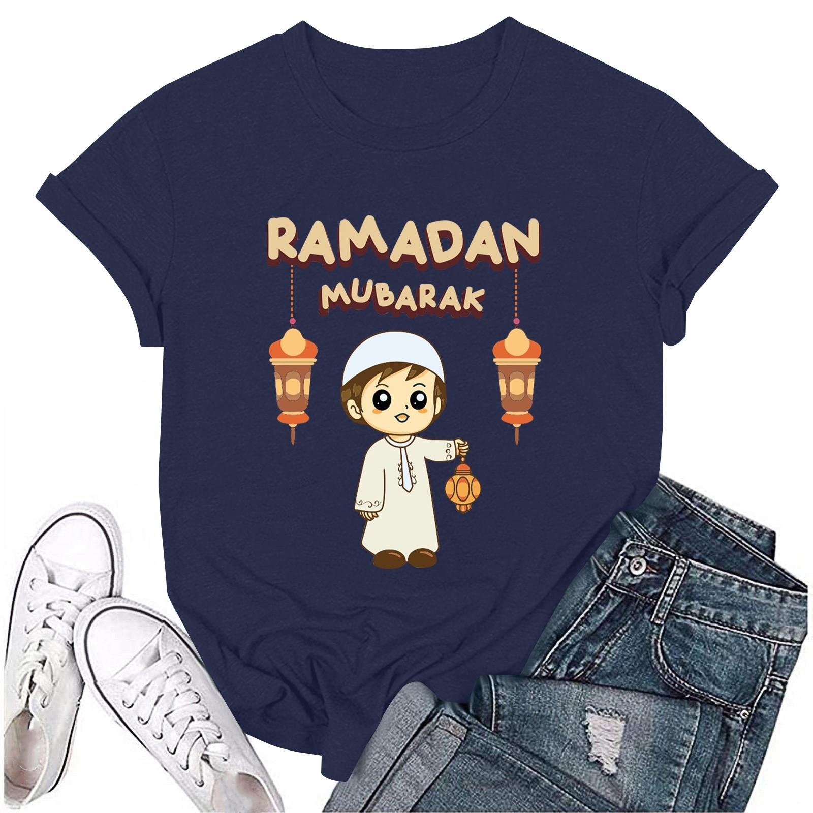 Мужская и женская мода повседневная футболка с принтом круглый вырез пуловер топы с коротким рукавом L тёмно-синий 1109₽