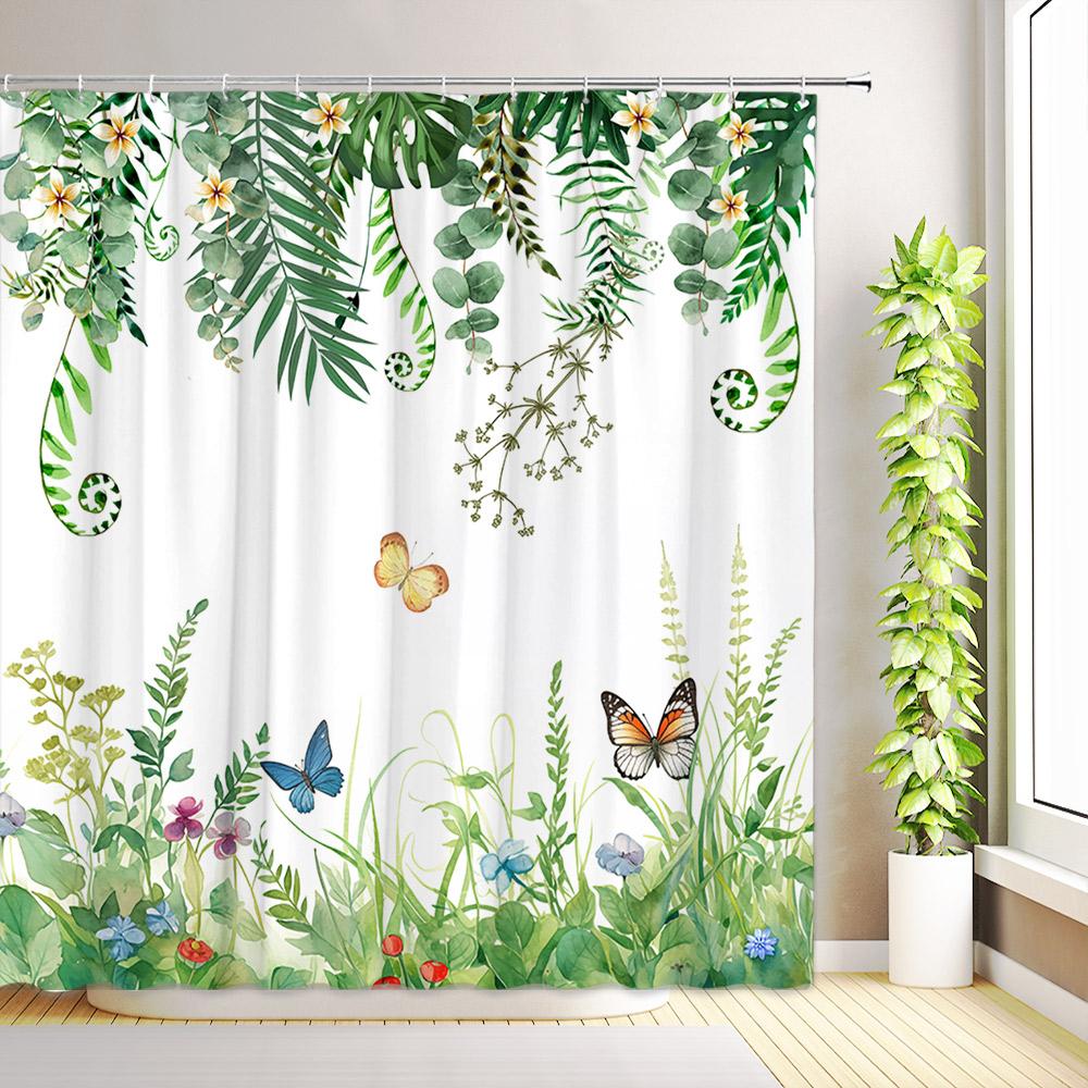 Tropical Palm Leaves Shower Curtain Boho Aesthetic Minimalist Modern Art Butterfly Flower Plant Bathroom Decor with Hooks