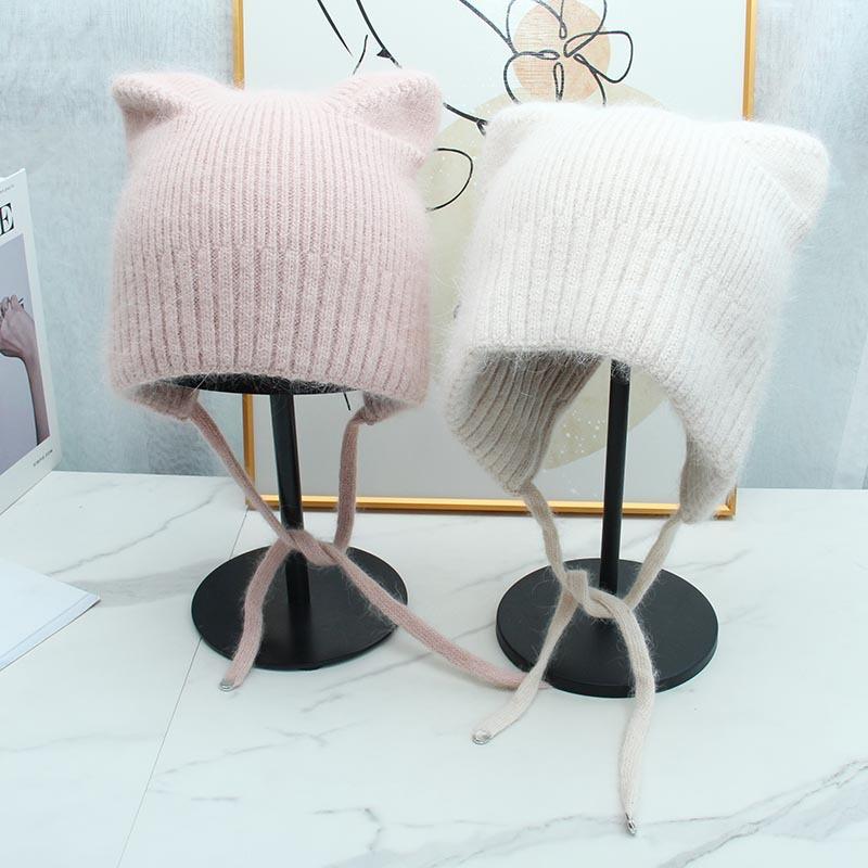 High-quality Cute Ear Protection and Warm Cat Ears Rabbit Hair Knitted Hat Autumn and Winter Double-layer Thickened Lace-up Windproof and Cold-proof