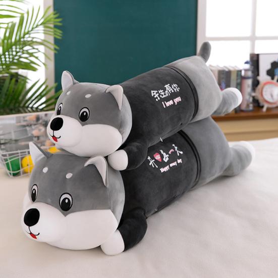 Cute Husky Plush Pillow with Sweet Messages Soft Stuffed Animal Huggable Floppy Dog Doll Emotional Support Gift