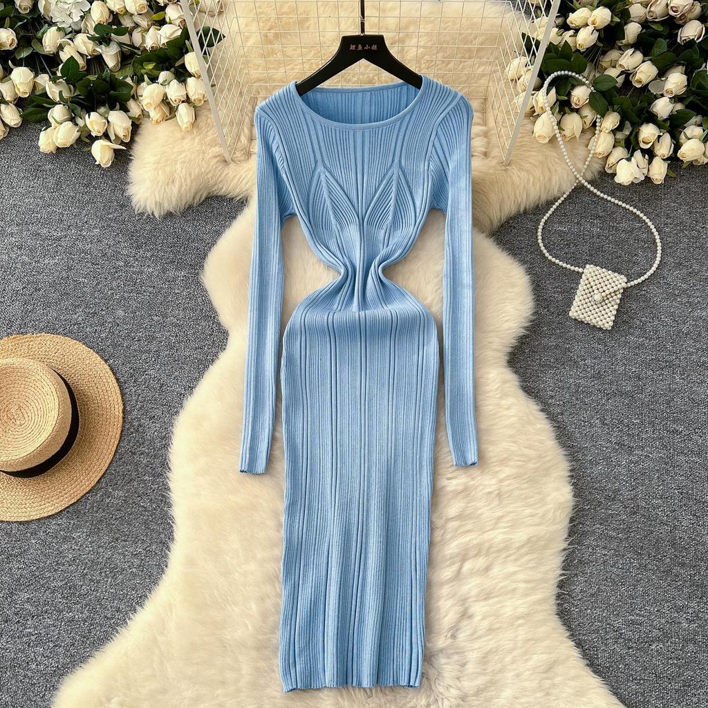 Szykowna Moda Seksowna Sukienka Dzianinowa z Długim Rękawem, Opakowująca Biodra, Damska Jesienno-Zimowa Sukienka Swetrowa, Streetwear, Obcisłe Stroje