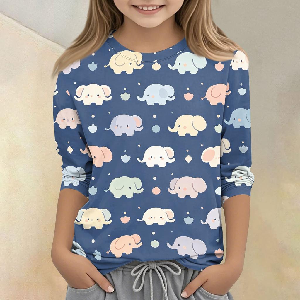 Kinder Tierdruck Rundhals Dreiviertelarm Lässiges T-Shirt Weicher Bequemer Stoff Geeignet für den Alltag und Spielzeit