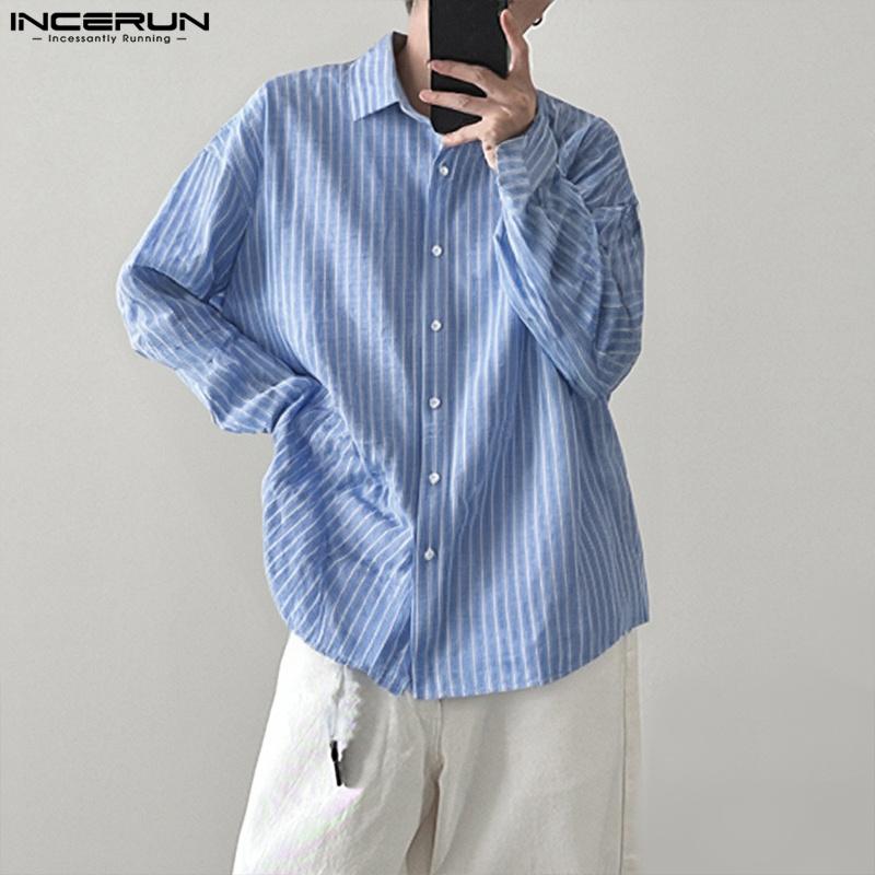 Oversized Men Incerun Neck Lapel Long Sleeve Striped Casual Loose Shirts Tops