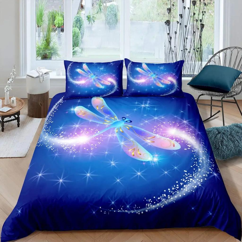 Böhmische Libelle Bettbezug-Set King Size Mandala Paisley Bettwäsche-Set Lila Batik Irisierend Hippie Polyester Steppdeckenbezug