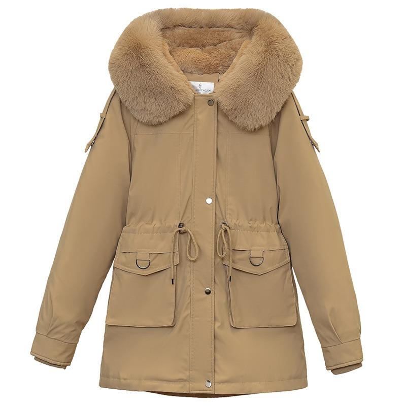 Fleece Thickened Coat Women's New Winter Waist Medium and Long Casual Hooded Parker Cotton Clothes Women