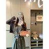 Kumikumi Fashion Suit Pure Color Temperament Long Sleeve Cardigan Female Autumn Strap Plaid Camisole Two-piece Set
