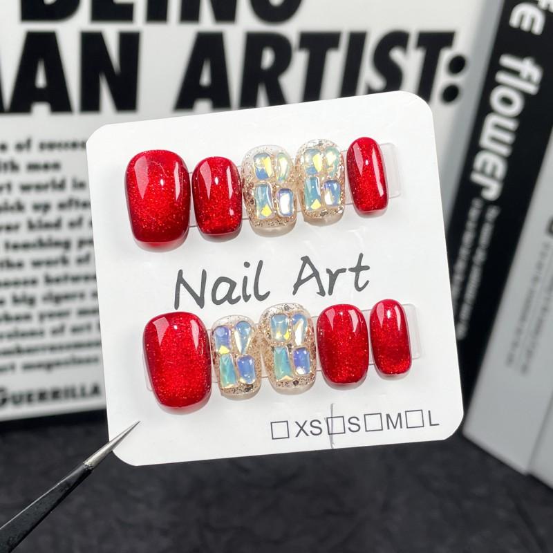 Handmade Press-On Nails Short Square Cat Eye Glitter Glass Bead Nail Tips Women Extra Small