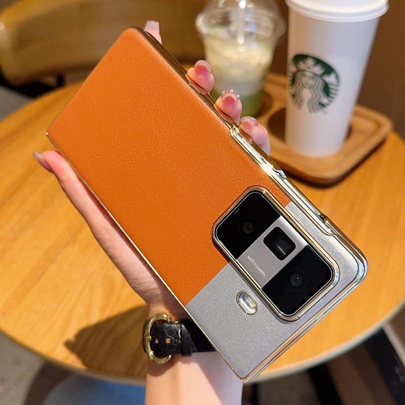 New Desert Moon Phone Case for Honor Magic Vs3 V3 Vs2 V2 Gold Electroplated Frame,Contrast PU Leather Design,Camera Protection