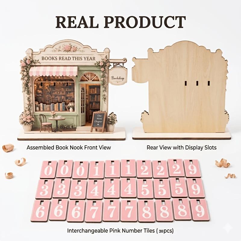 2D Flat Wooden Reading Tracker Vintage Book Calendar Book Tracker Sign Fairy House Flip Tile Counter Reading Challenge Tracker