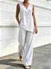 European and American Women's Casual V-neck Sleeveless Bamboo Hemp Top and Wide-leg Pants Two-piece Set