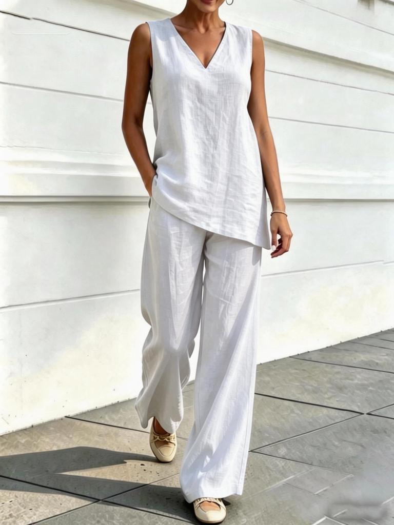 European and American Women's Casual V-neck Sleeveless Bamboo Hemp Top and Wide-leg Pants Two-piece Set