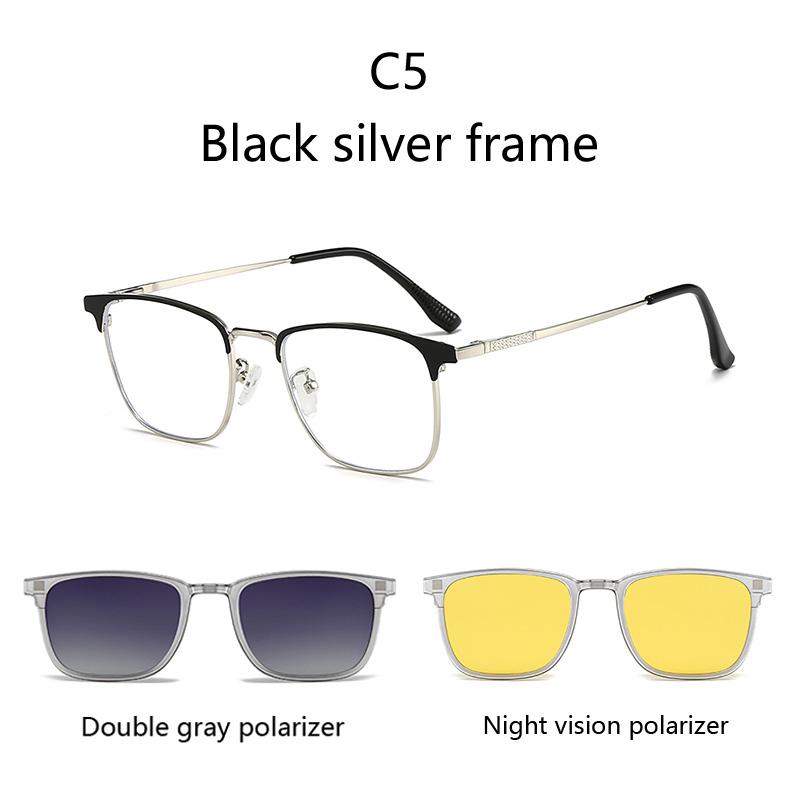 Modische Metall-Halbrahmen Drei-in-Eins Modebrille Business Flache Brille Blaulichtfilter Mit Polarisationsclips Nachtsicht