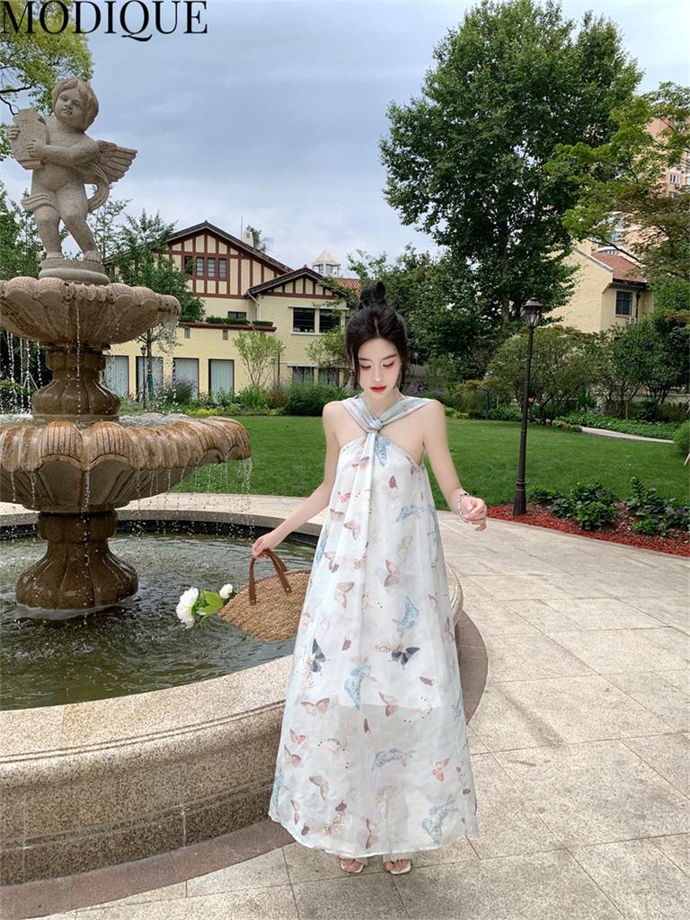 MODIQUE Summer Women Elegant Butterfly Print Casual Beach Backless Mesh Gauze Girly Halter Long Dresses Holiday Lady Fairycore Sweet Atmosphere Dress