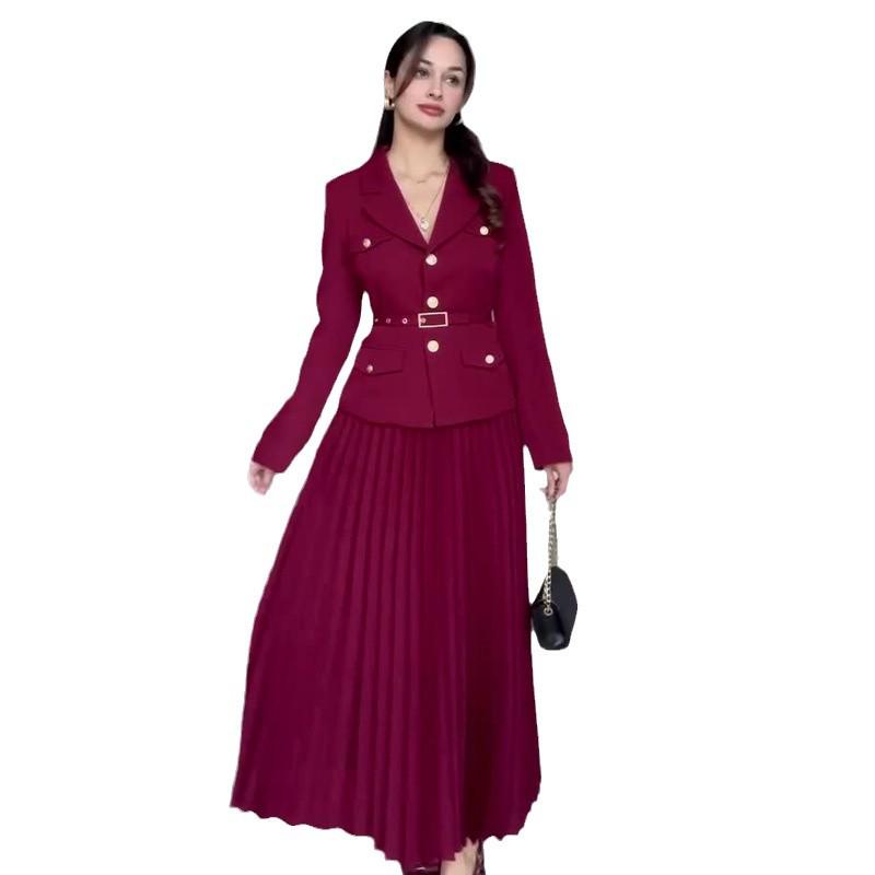 2024 Autumn European & American Solid Color Lapel Suit with Pleated Midi Skirt