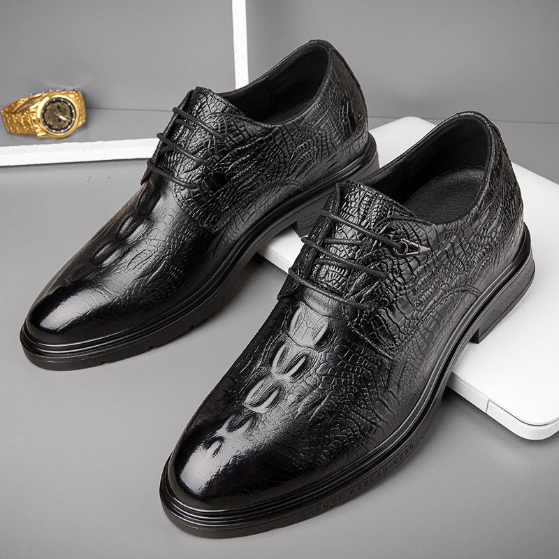 Men's Crocodile Pattern Leather Lace-up Shoes - Round Toe, Business Casual & Formal Style