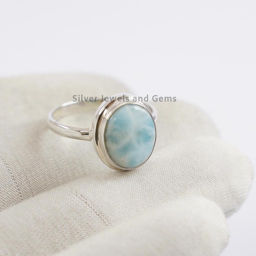 Bague Larimar Naturelle, Bague Pierre Bleue, Argent Sterling 925 Fait Main, Bague Fine Ovale, Cadeau de Mariage
