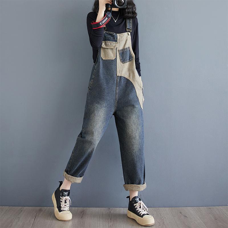 Suspender Pants Fashion Denim Overalls Women's Spring and Autumn Loose High Waist Contrast Color One-piece Wide-leg Nine-point Pants