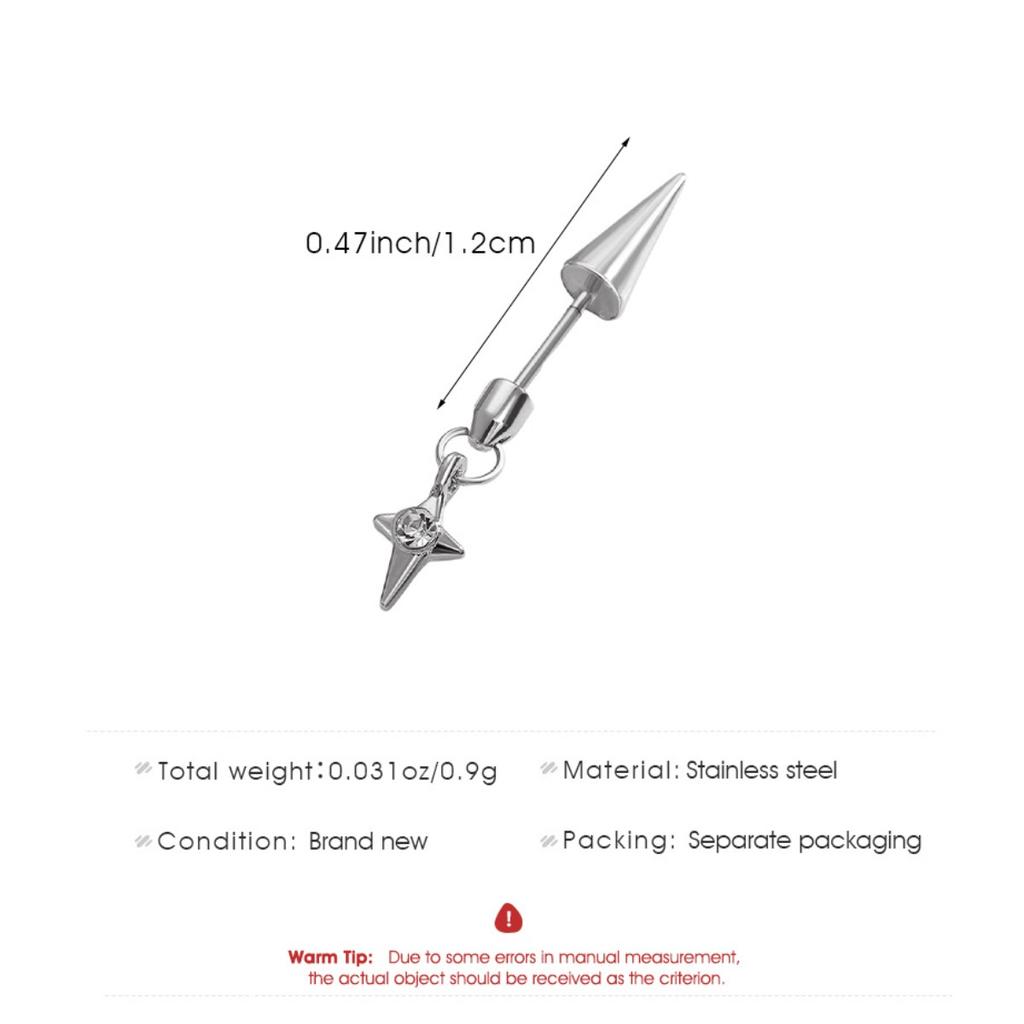Spike Cone Barbell Piercing Ear Stud with Sparkling Stone Cross Pendant Gothic Cool Unisex Cartilage Ear Jewelry for Daily Street Style Matching